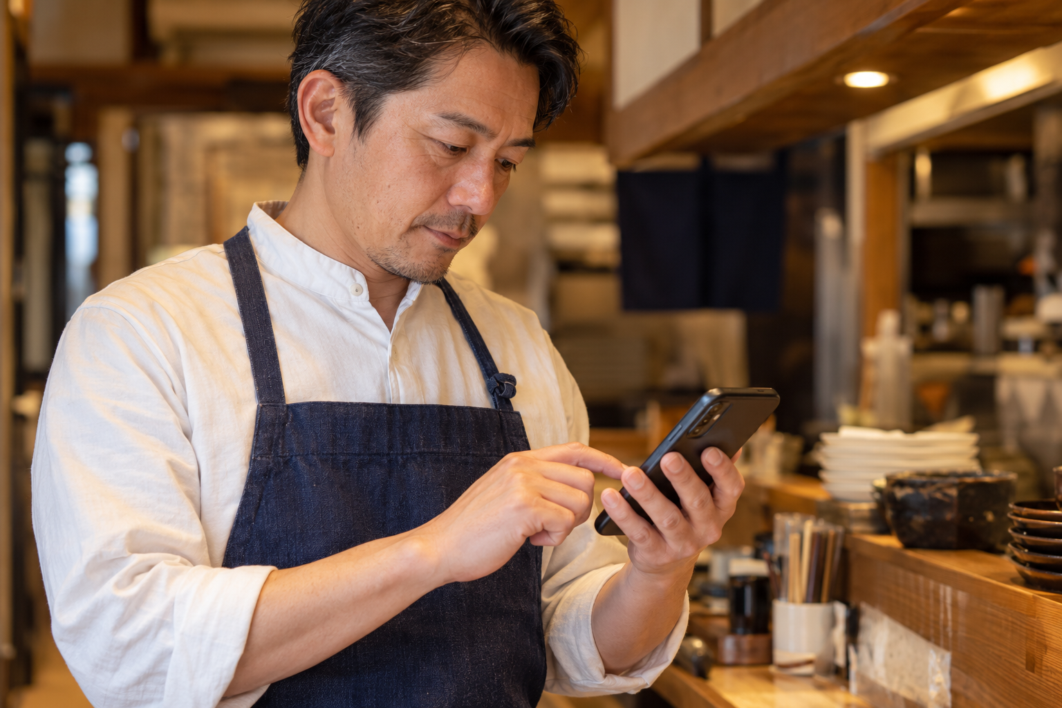 エプロン姿の飲食店の店主が、カウンターのそばでスマートフォンを操作して予約内容を確認している