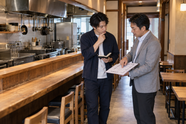 小さな居抜き飲食店の内見で、開業予定者が不動産担当者と間取りを確認している
