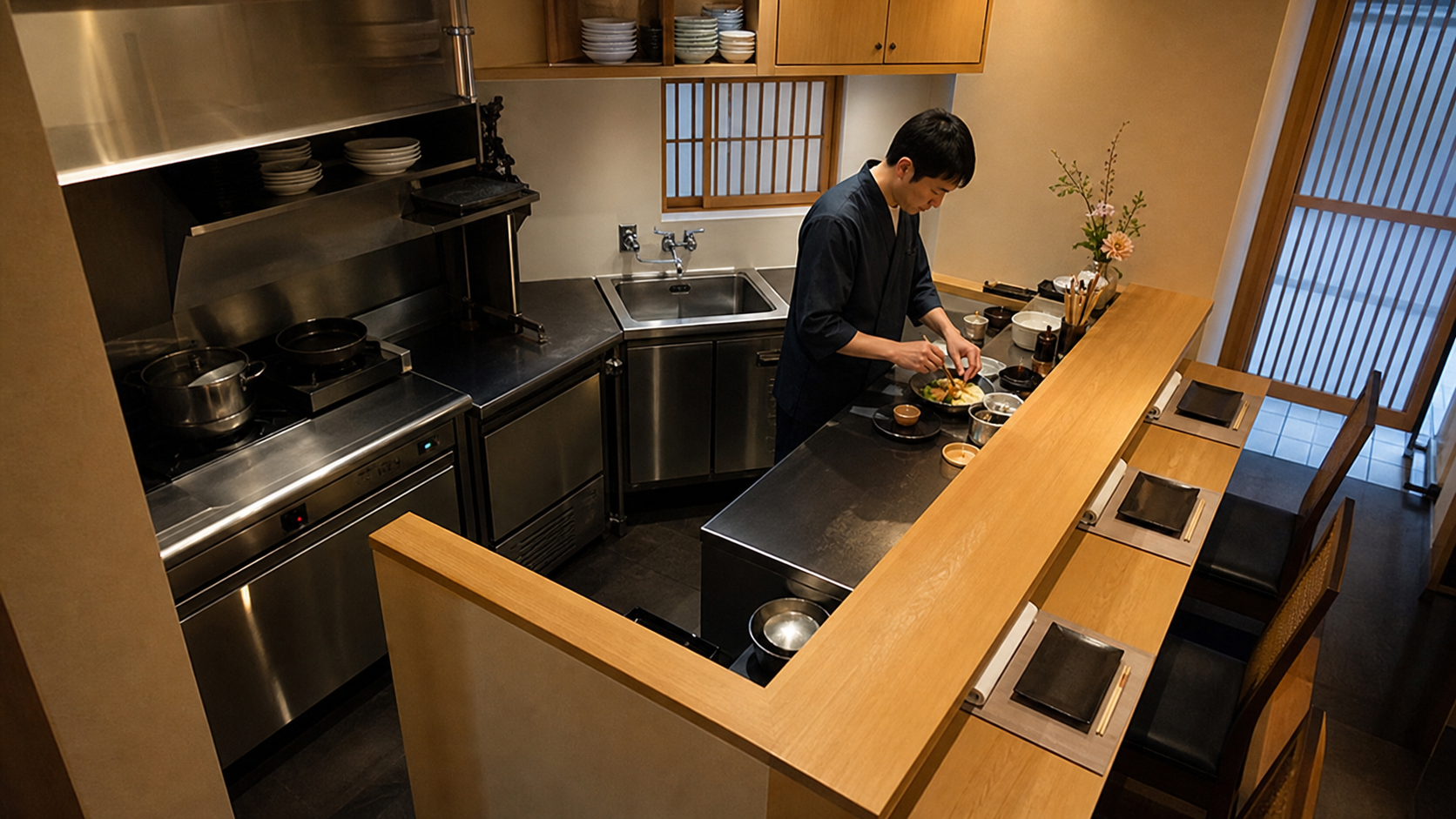 厨房機器とカウンターが近く少ない移動で接客できる小規模飲食店のレイアウト