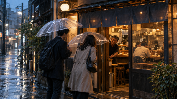 雨の夕方、10～15坪の小さな飲食店へ傘を差して来店する二人客