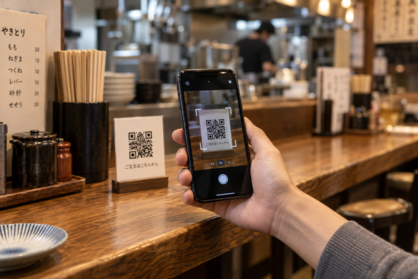 小さな飲食店のカウンターでQRコードをスマートフォンに読み取り注文する利用客