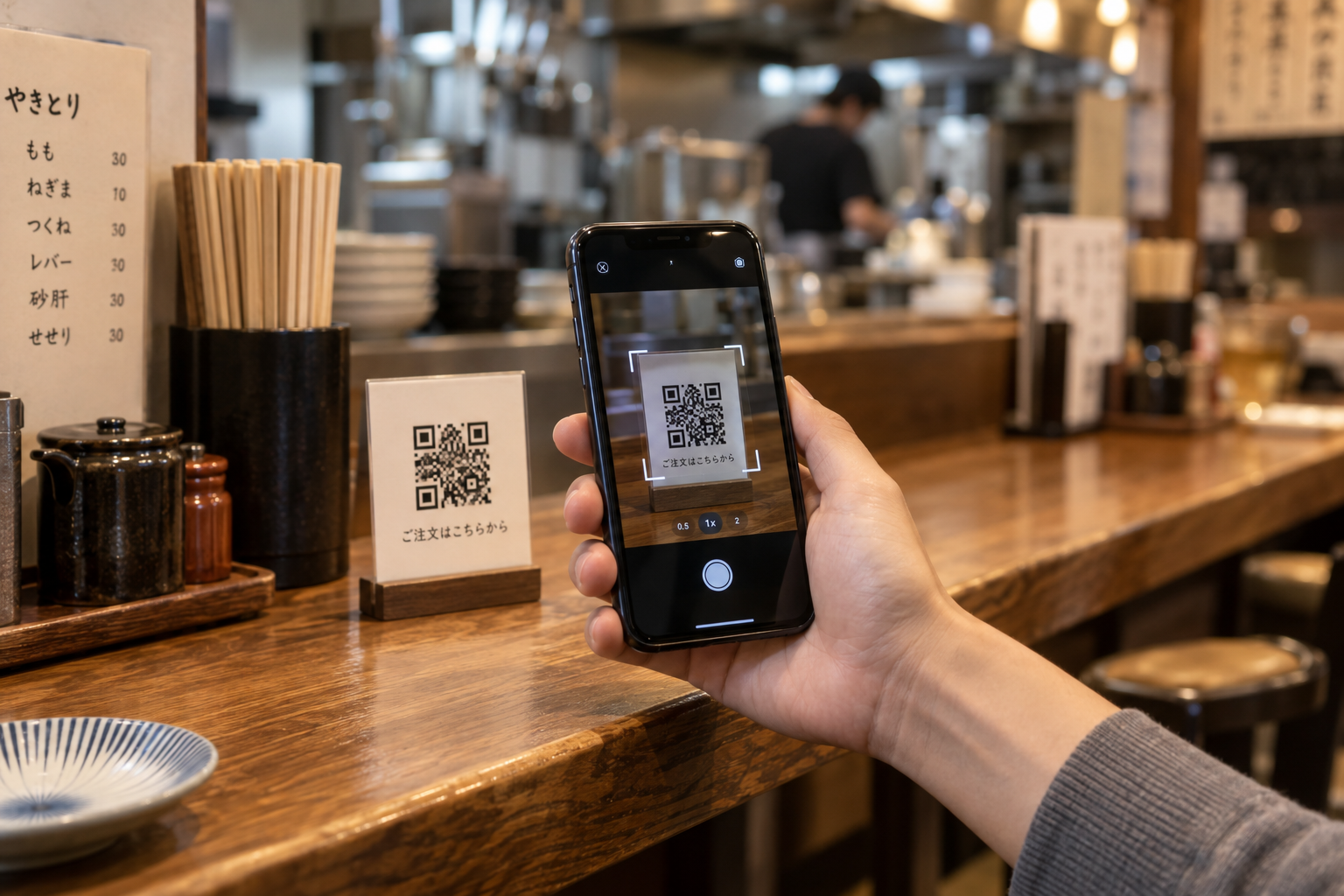 小さな飲食店のカウンターでQRコードをスマートフォンに読み取り注文する利用客