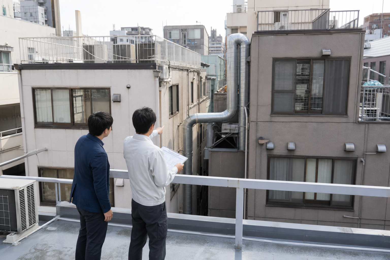 隣接する建物との境界付近に設置された飲食店の排気ダクトを調査する担当者