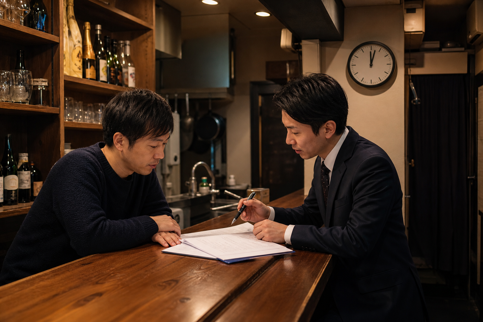 居抜きのバーで深夜営業の可否と賃貸借契約書を確認する開業予定者