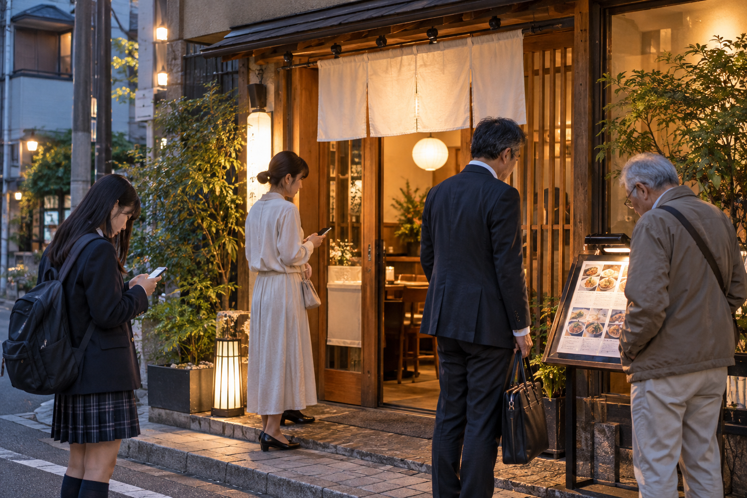 飲食店の前でスマートフォンや店頭メニューを確認する10代からシニアまでの来店客