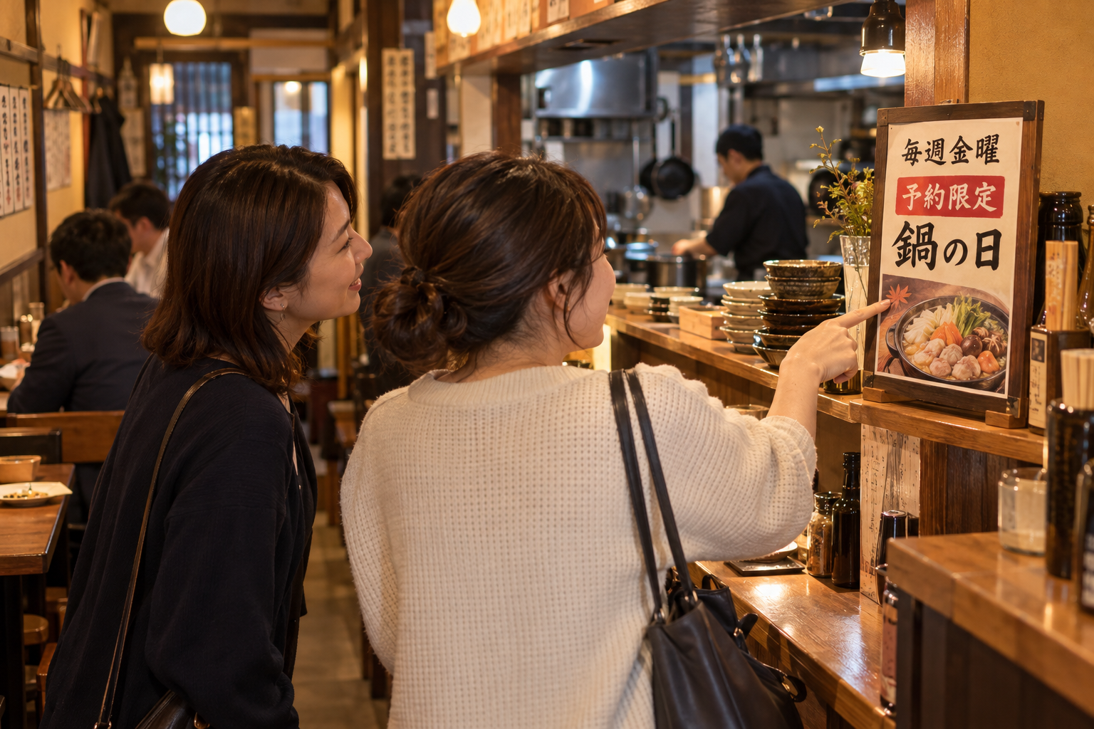 10~15坪の飲食店で、週に一度の予約限定『鍋の日』のPOPを指差して眺める来店客