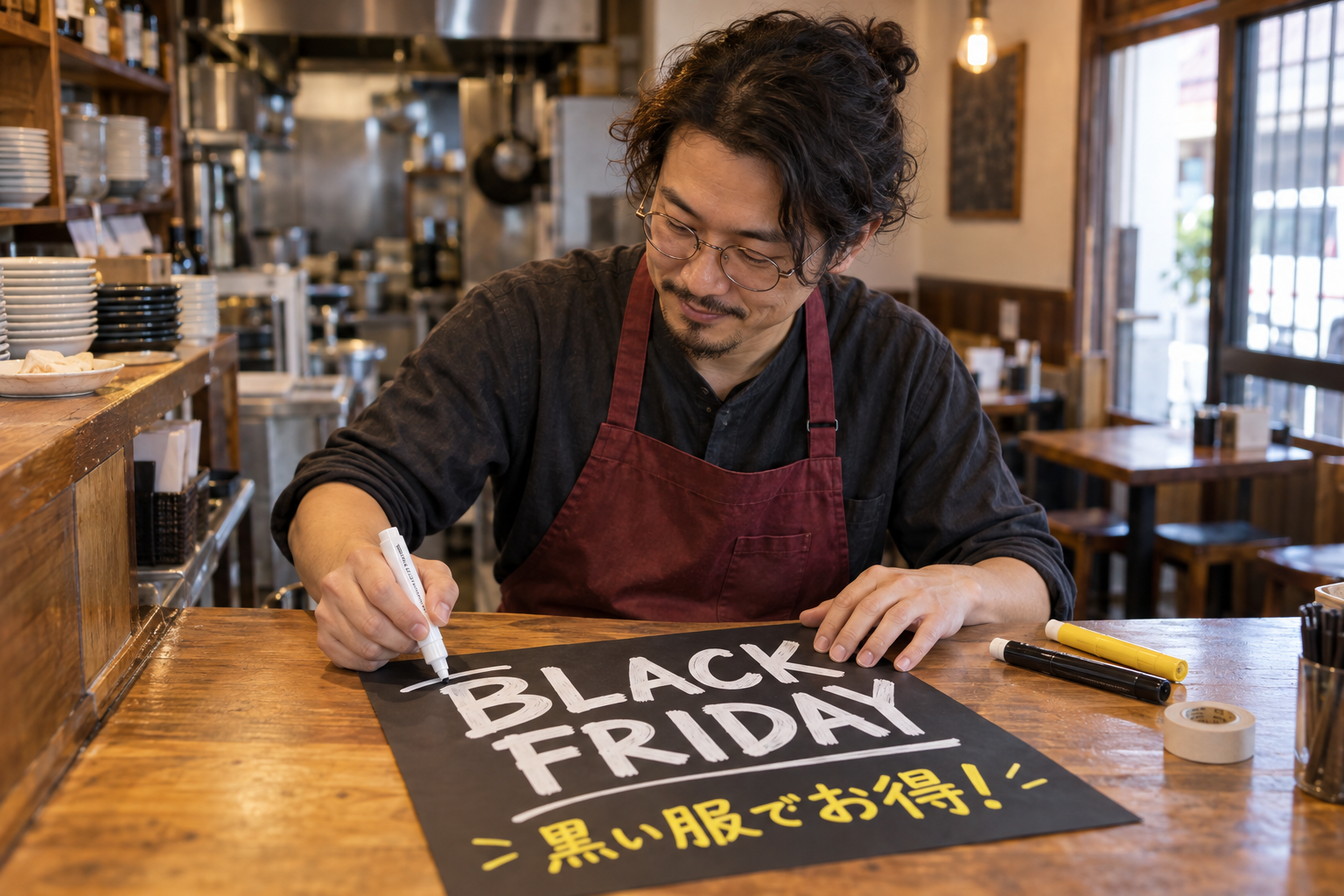 自店のカウンターでブラックフライデーの店頭POPを作る飲食店主