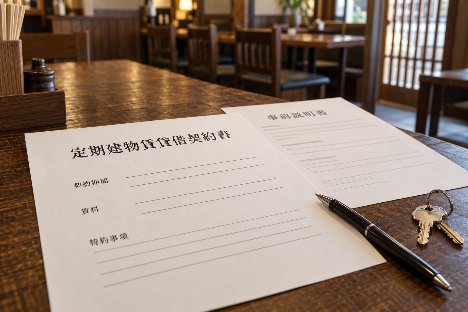 飲食店の木製テーブルに置かれた定期建物賃貸借契約書と事前説明書、ペン、店舗の鍵