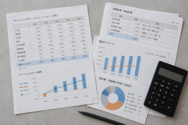 飲食店の開業費用と5年間の資金繰りを試算する資料、電卓、鉛筆を真上から見たイメージ