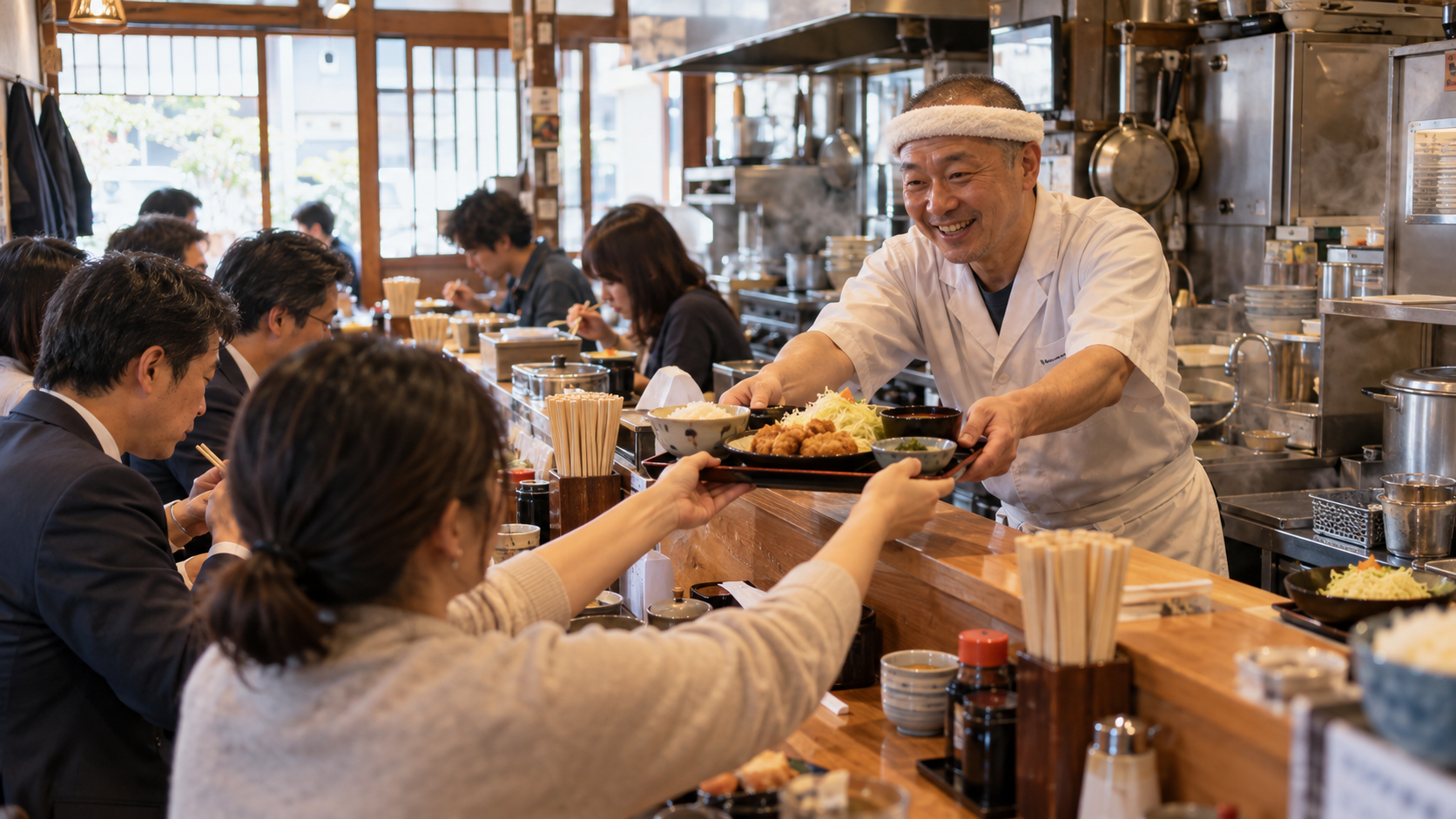 ランチ客でにぎわう小さな定食屋のカウンターで、お客様に料理を渡す店主