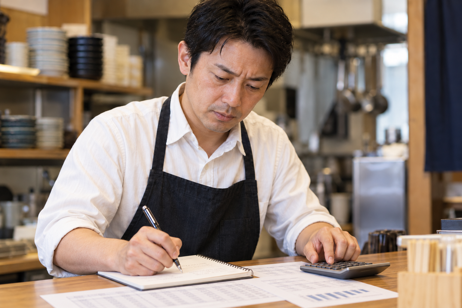 飲食店のカウンターで電卓と資料を使い、休業に備えて支払いを確認する店主