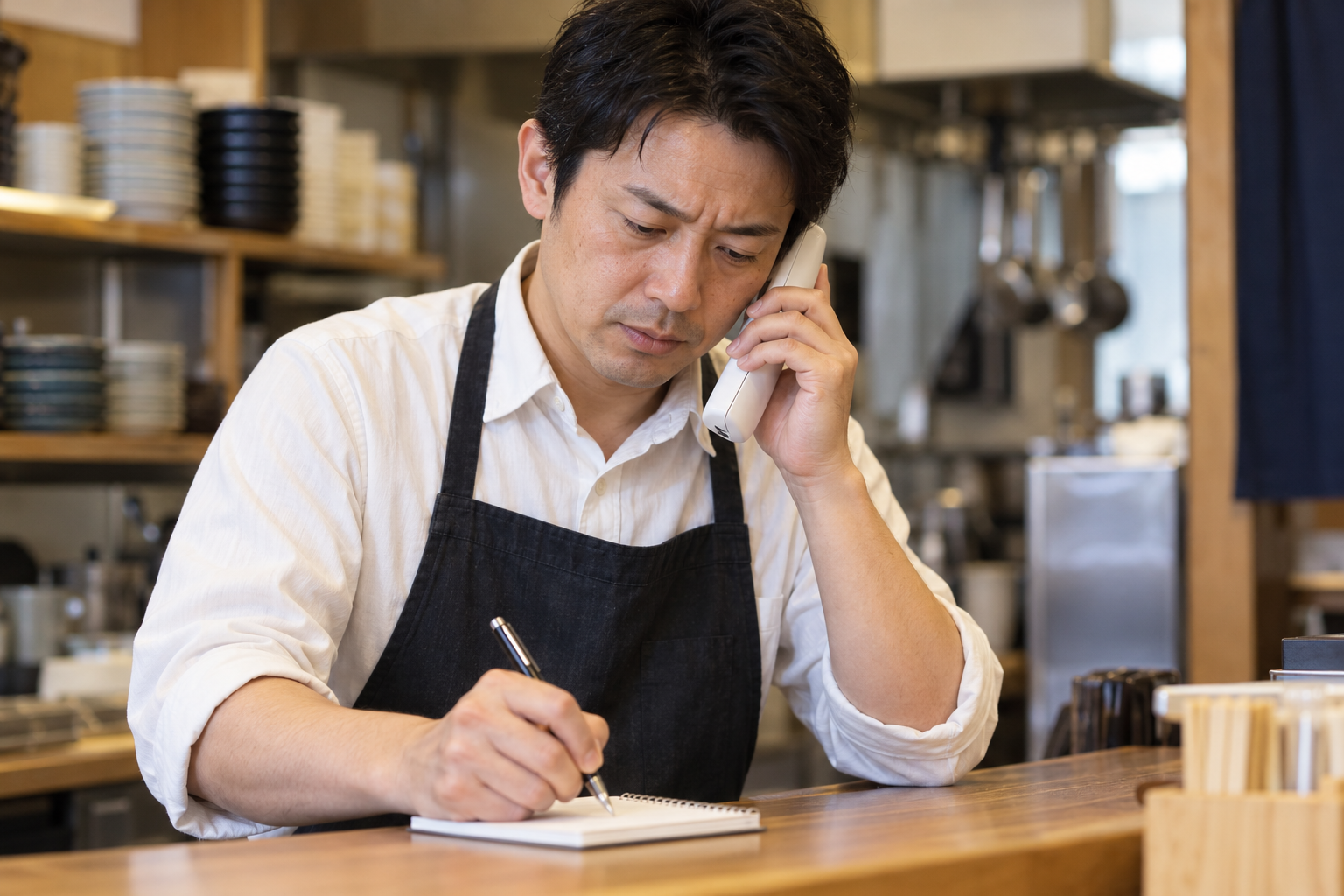 飲食店のカウンターで受話器を持ち、真剣な表情でお客様の話をメモする店主