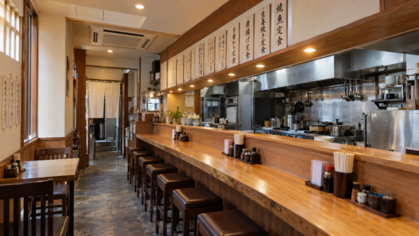 木製カウンターと壁のメニューがある、約10坪の人のいない定食屋の店内